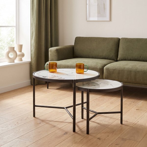 FOSTER modern 2 részes dohányzóasztal szett – fehér márvány / fekete - 63/48cm