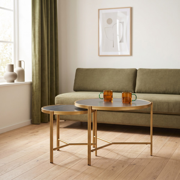 FOSTER modern 2 részes dohányzóasztal szett – fekete márvány / arany - 63/48cm