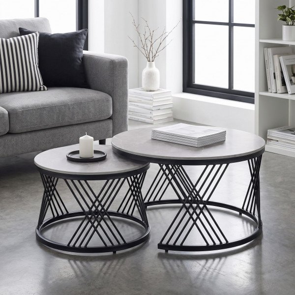 FLOREN modern 2 részes dohányzóasztal szett – szürke / fekete -80/60cm