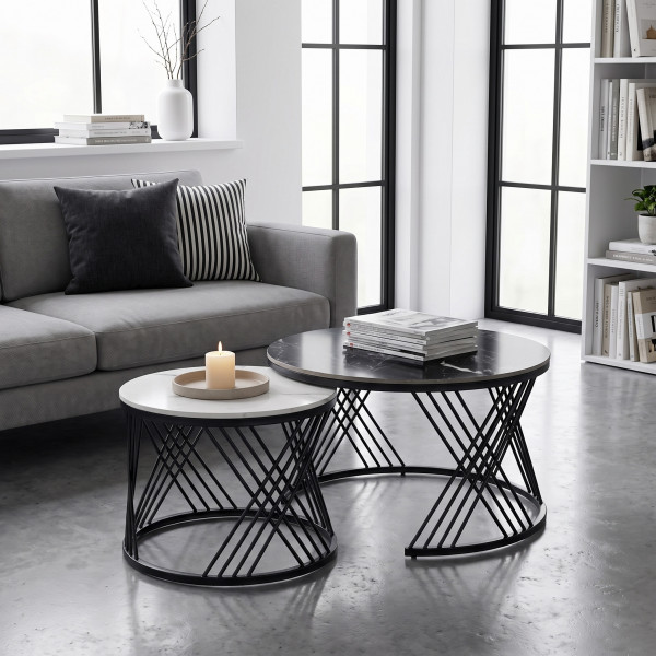 FLOREN modern 2 részes dohányzóasztal szett – fehér / fekete - 80/60cm