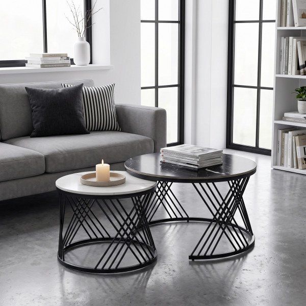 FLOREN modern 2 részes dohányzóasztal szett – fehér / fekete - 80/60cm