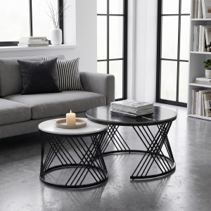 FLOREN modern 2 részes dohányzóasztal szett – fehér / fekete - 80/60cm HALMAR