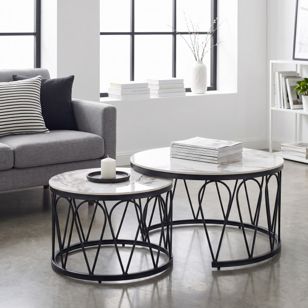 FERNLEY modern 2 részes dohányzóasztal szett – fehér márvány / fekete - 80/60cm