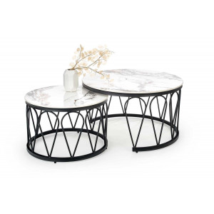 FERNLEY modern 2 részes dohányzóasztal szett – fehér márvány / fekete - 80/60cm