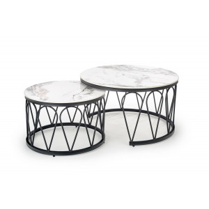 FERNLEY modern 2 részes dohányzóasztal szett – fehér márvány / fekete - 80/60cm