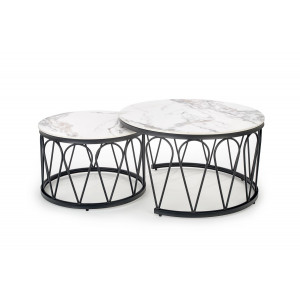 FERNLEY modern 2 részes dohányzóasztal szett – fehér márvány / fekete - 80/60cm