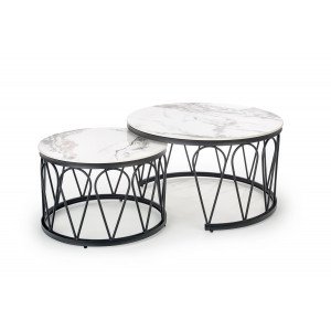 FERNLEY modern 2 részes dohányzóasztal szett – fehér márvány / fekete - 80/60cm HALMAR