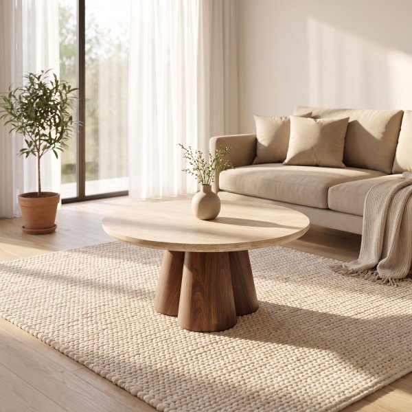 FERRON modern dohányzóasztal – travertin / dió -80cm