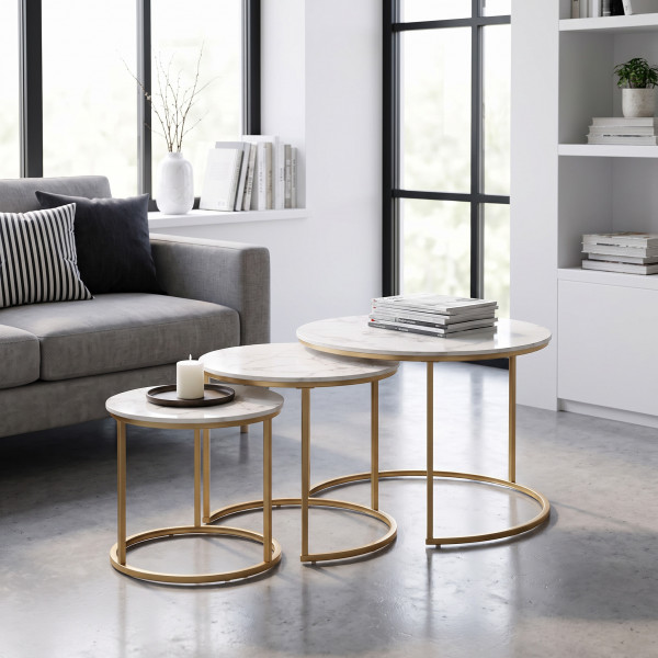 GALLOWAY modern 3 részes dohányzóasztal szett – fehér márvány / arany - 80/60/45cm