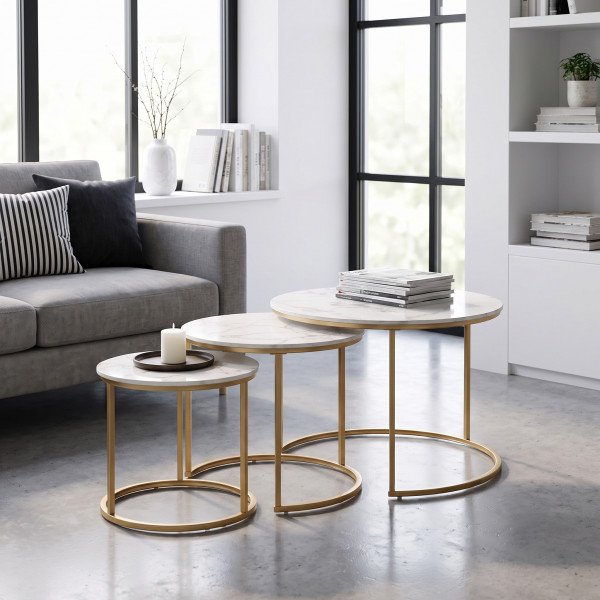 GALLOWAY modern 3 részes dohányzóasztal szett – fehér márvány / arany - 80/60/45cm
