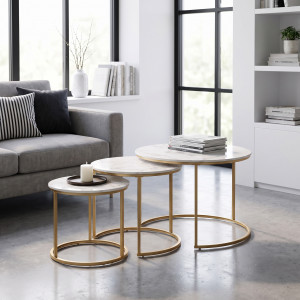GALLOWAY modern 3 részes dohányzóasztal szett – fehér márvány / arany - 80/60/45cm HALMAR