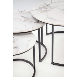 GALLOWAY modern 3 részes dohányzóasztal szett – fehér márvány / fekete - 80/60/45cm