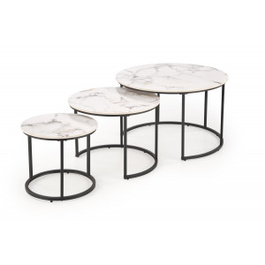 GALLOWAY modern 3 részes dohányzóasztal szett – fehér márvány / fekete - 80/60/45cm