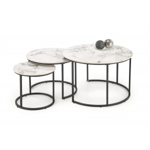 GALLOWAY modern 3 részes dohányzóasztal szett – fehér márvány / fekete - 80/60/45cm