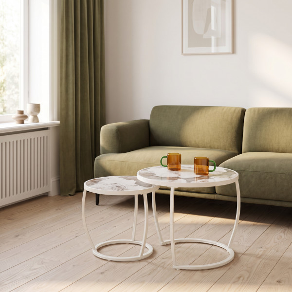 IVERTON modern 2 részes dohányzóasztal szett – bézs márvány / fehér - 62/47cm