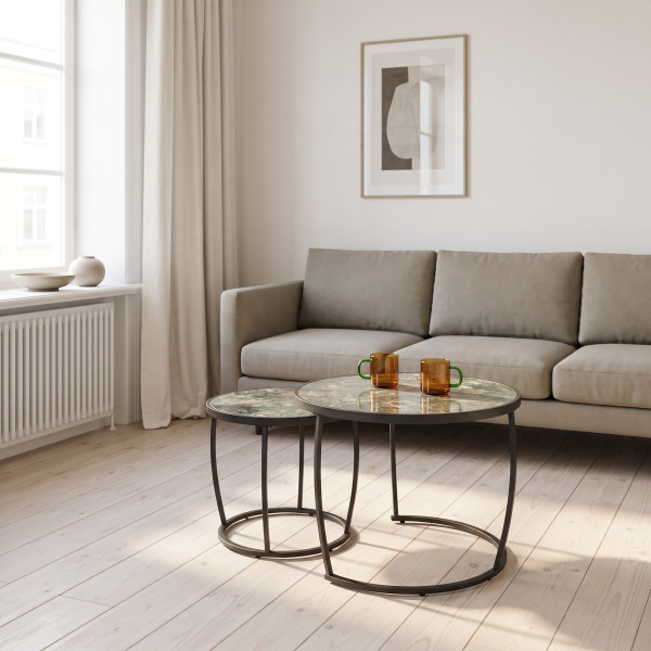 IVERTON modern 2 részes dohányzóasztal szett – zöld márvány / fekete - 62/47cm
