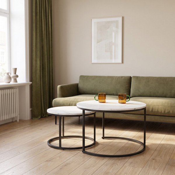 JARVIS modern 2 részes dohányzóasztal szett – fehér márvány / fekete - 79/59cm