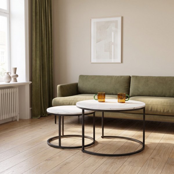 JARVIS modern 2 részes dohányzóasztal szett – fehér márvány / fekete - 79/59cm
