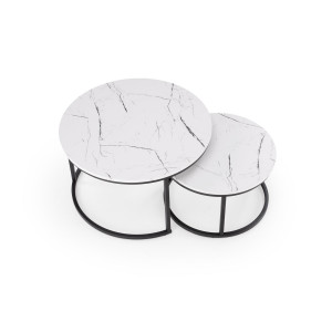 JARVIS modern 2 részes dohányzóasztal szett – fehér márvány / fekete - 79/59cm