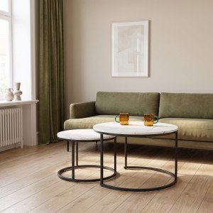 JARVIS modern 2 részes dohányzóasztal szett – fehér márvány / fekete - 79/59cm HALMAR