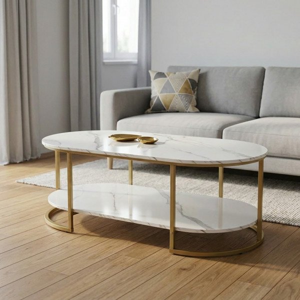 JENSON modern dohányzóasztal – fehér márvány / arany - 120cm