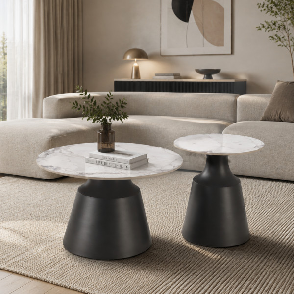 MARLOW modern 2 részes dohányzóasztal szett – fehér márvány / fekete - 70/50cm