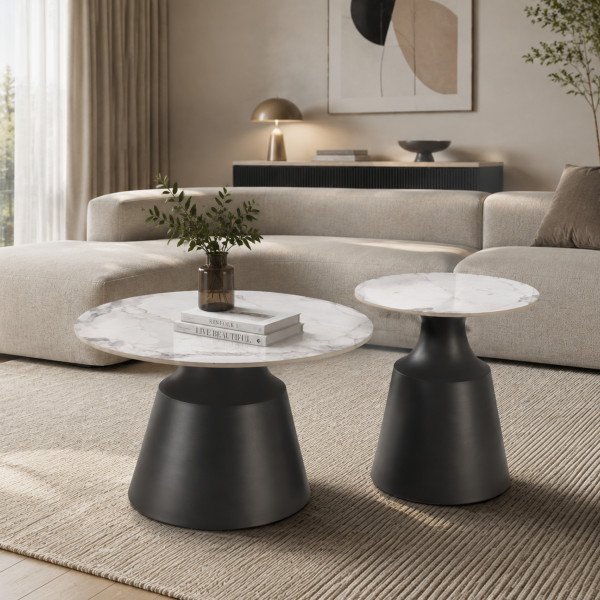 MARLOW modern 2 részes dohányzóasztal szett – fehér márvány / fekete - 70/50cm