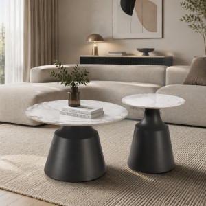 MARLOW modern 2 részes dohányzóasztal szett – fehér márvány / fekete - 70/50cm HALMAR