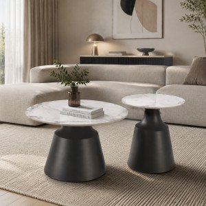 MARLOW modern 2 részes dohányzóasztal szett – fehér márvány / fekete - 70/50cm HALMAR