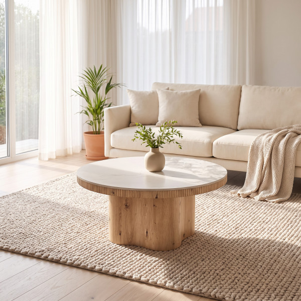 MAVERO modern dohányzóasztal – fehér márvány / natúr - 80cm