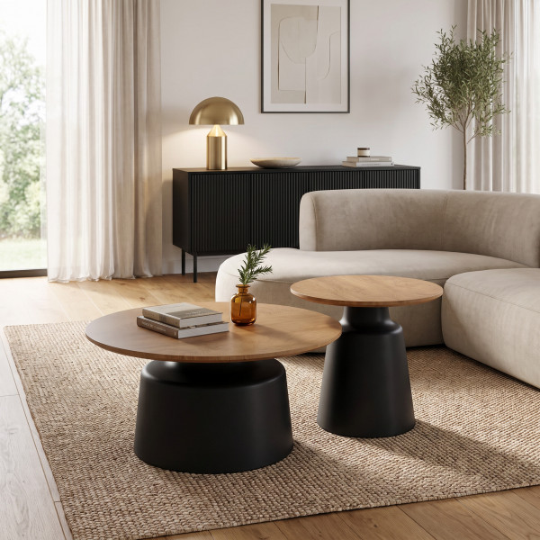 MONTARA modern 2 részes dohányzóasztal szett – natúr / fekete - 70/50cm