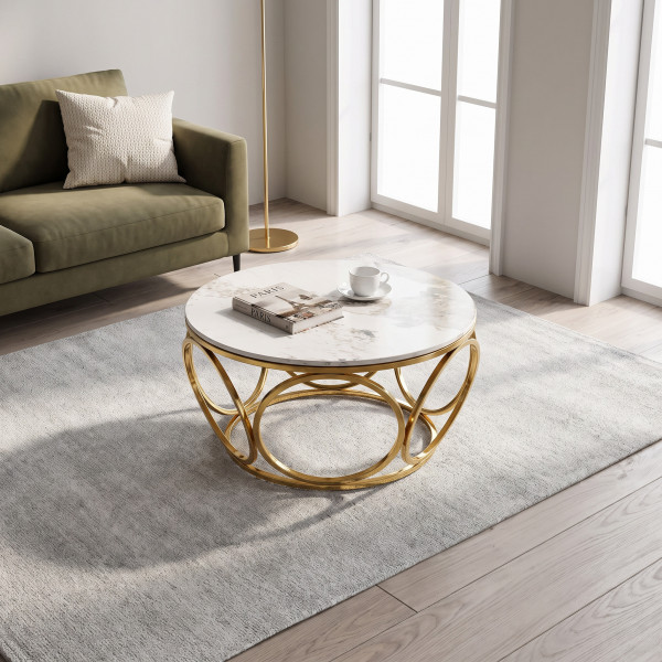 MOTION modern dohányzóasztal – fehér márvány / arany - 80cm
