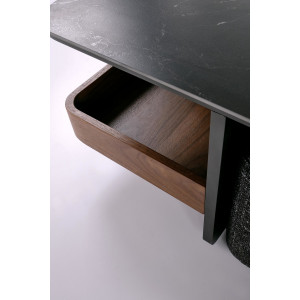 TUCK modern dohányzóasztal 2 puffal – fekete márvány / dió - 70cm