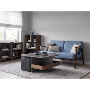 TUCK modern dohányzóasztal 2 puffal – fekete márvány / dió - 70cm