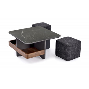 TUCK modern dohányzóasztal 2 puffal – fekete márvány / dió - 70cm