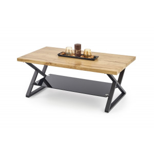 CROSS modern dohányzóasztal üvegpolccal – natúr tölgy / fekete - 110cm