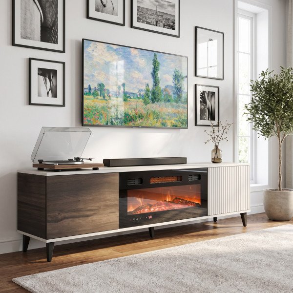 BLEND modern TV-szekrény elektromos kandallóval – kasmír / dió – 180 cm