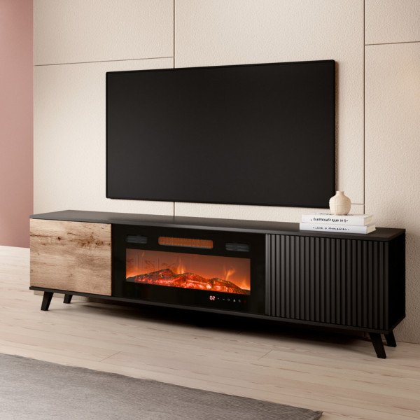 TONE modern TV-szekrény elektromos kandallóval – tölgy / fekete – 180 cm