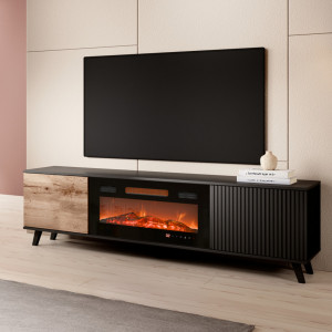 TONE modern TV-szekrény elektromos kandallóval – tölgy / fekete – 180 cm Elemes bútor