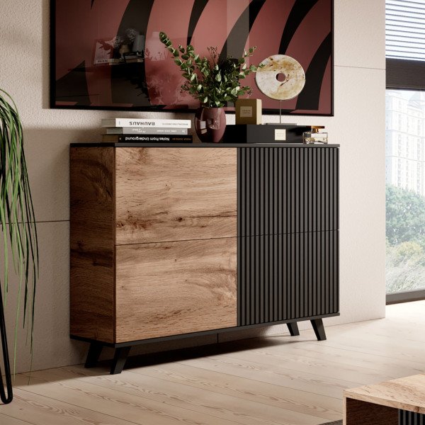 TONE modern magas komód – tölgy / fekete – 100 cm