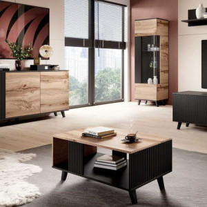 TONE modern dohányzóasztal alsó polccal – tölgy / fekete – 92 cm Elemes bútor