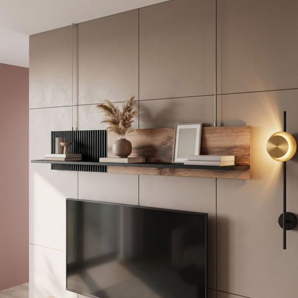 TONE modern fali polc – tölgy / fekete – 180 cm