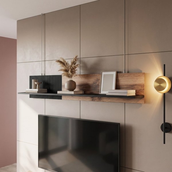 TONE modern fali polc – tölgy / fekete – 150 cm