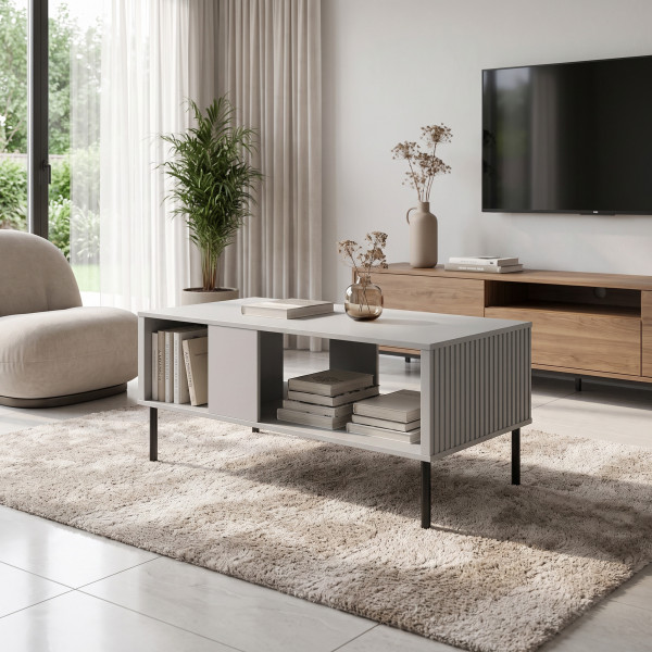 DRIFT modern dohányzóasztal alsó polccal – világosszürke / fekete – 110 cm