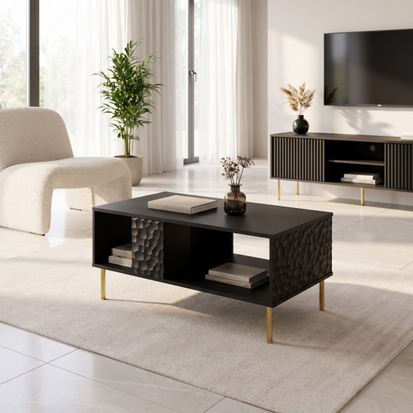 GLINT modern dohányzóasztal alsó polccal – fekete / arany – 92 cm