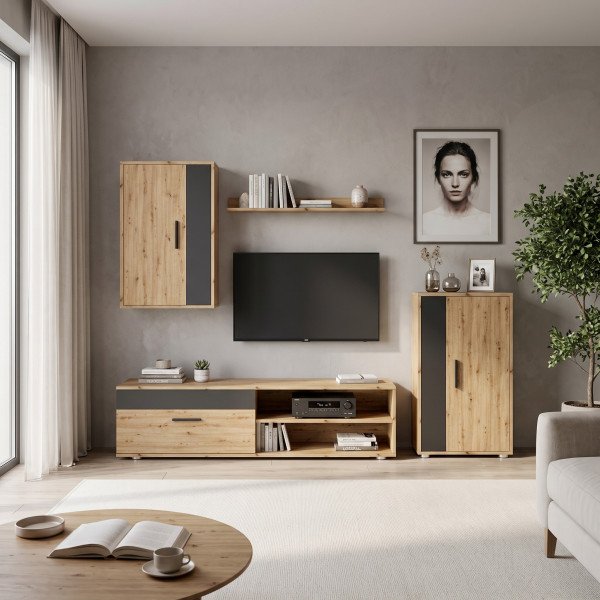 STACK modern nappali bútorösszeállítás – tölgy / fekete – 190 cm