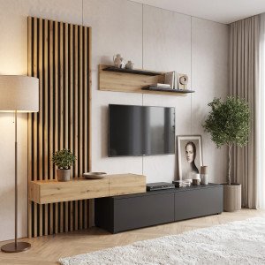 SHIFT DARK modern nappali bútorösszeállítás – tölgy / fekete – 210 cm Elemes bútor