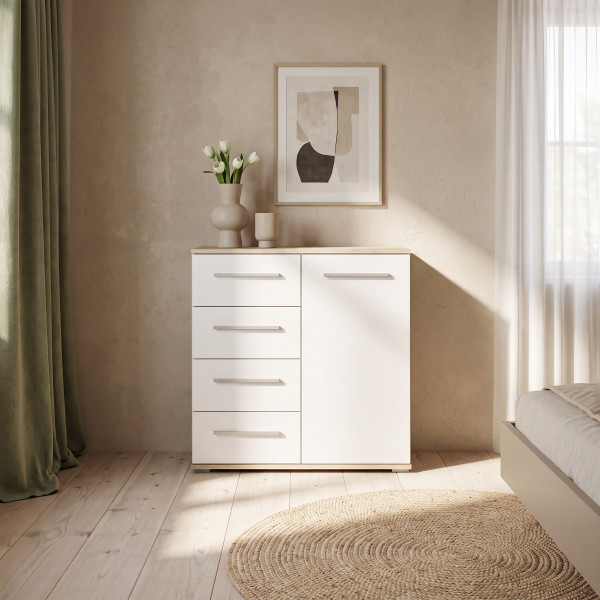 NEST modern komód 4 fiókkal – tölgy / fehér – 77 cm