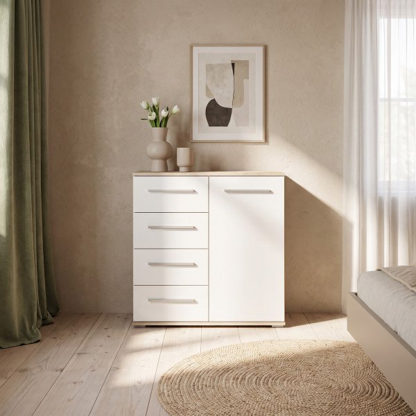 NEST modern komód 4 fiókkal – tölgy / fehér – 77 cm