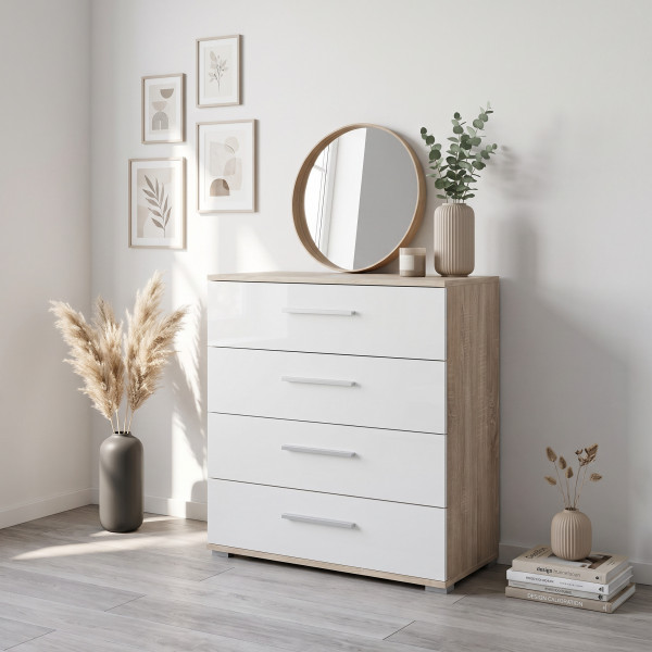 NEST modern fiókos komód – tölgy / fehér – 77 cm